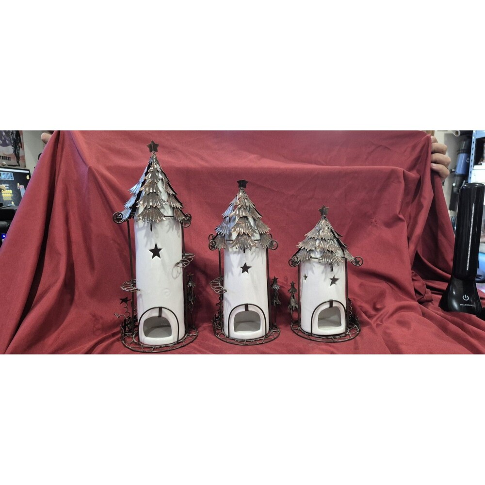 3pc White Metal Tree Lantern Set Christmas Holiday Candle Holder Trio Star EUC